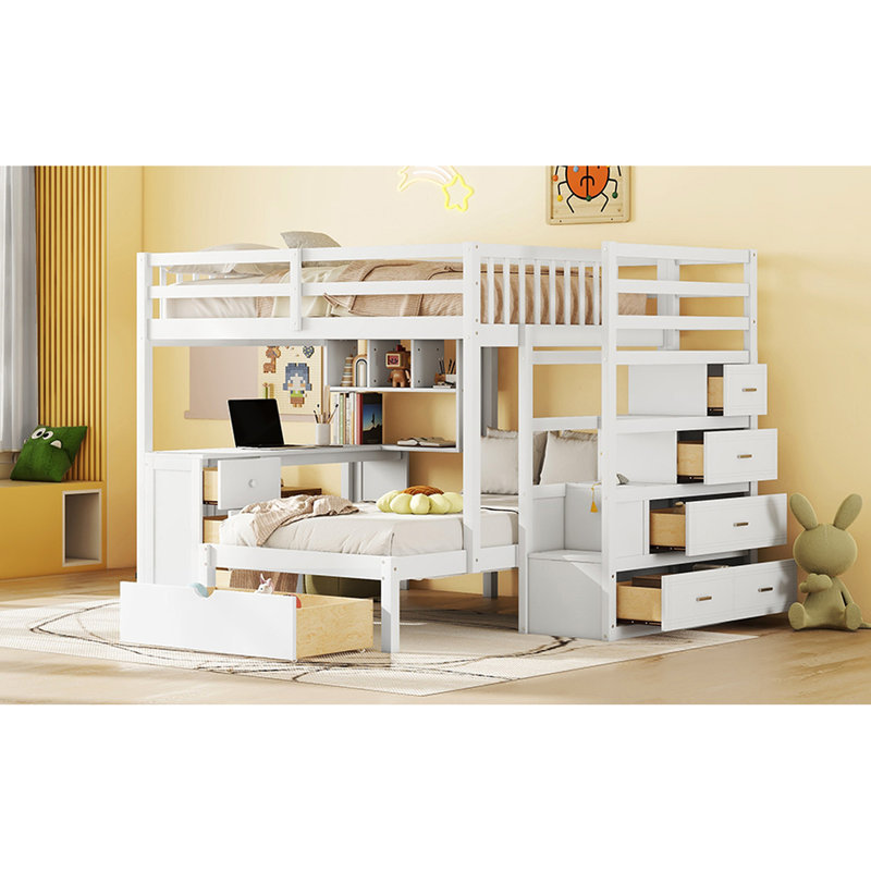 Lit superposé blanc avec compartiments de rangement supplémentaires et bureau - Organisez votre chambre à coucher au-dessus des lits simples dans un arrangement de sommeil confortable
