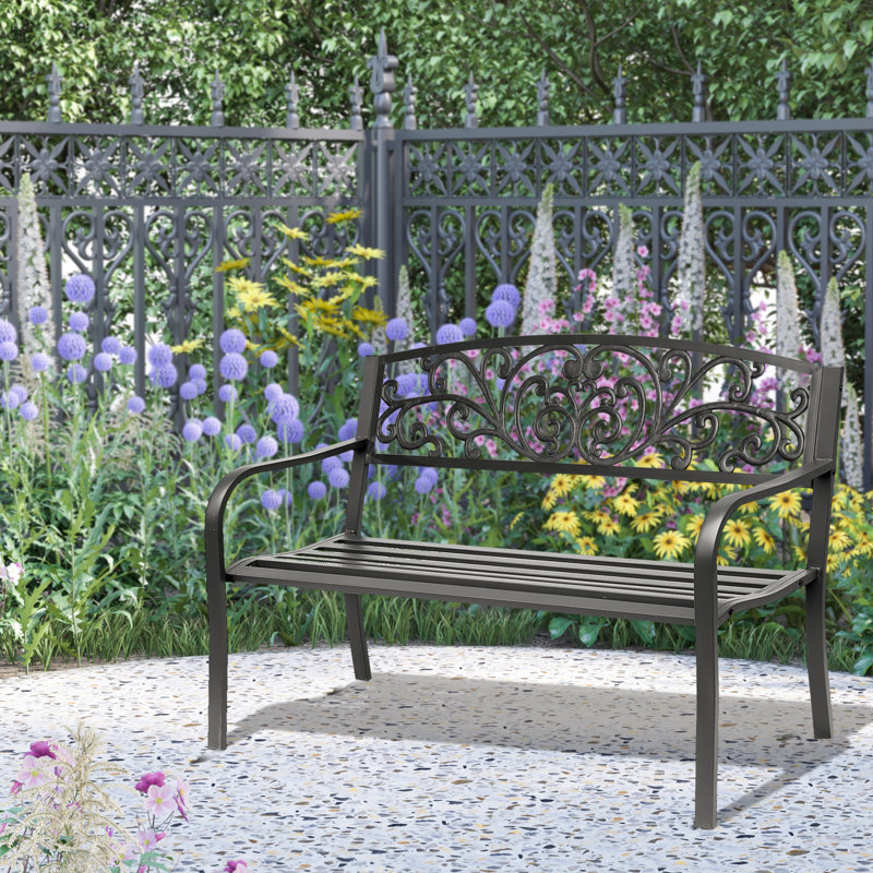 Banc d'extérieur de 50 po en métal avec motif floral en noir. Siège de véranda à lattes pour la cour. Sièges confortables 2. Fabrication. Facile à assembler. Noir. 2 pièces. Assemblage rapide
