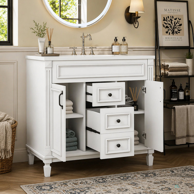 Meuble-lavabo 36 po avec lavabo supérieur, armoire de rangement moderne avec 2 portes à fermeture douce, meuble-lavabo simple
