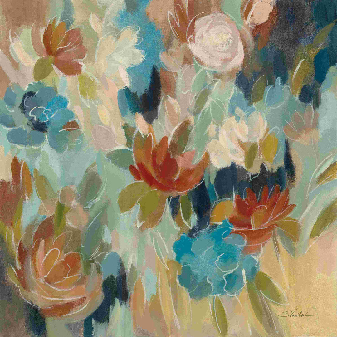 " Blue And Sienna Floral " by Silvia Vassileva Painting Print Red Barrel Studio®