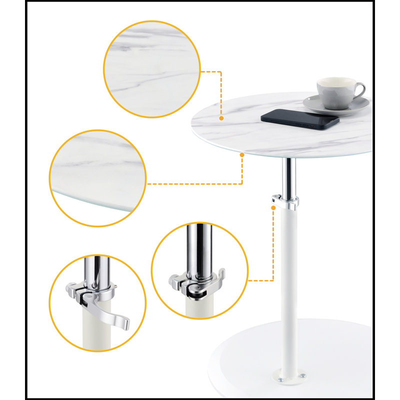 15.5" End Table With Height Adjustable Marble Textured Top, White, White