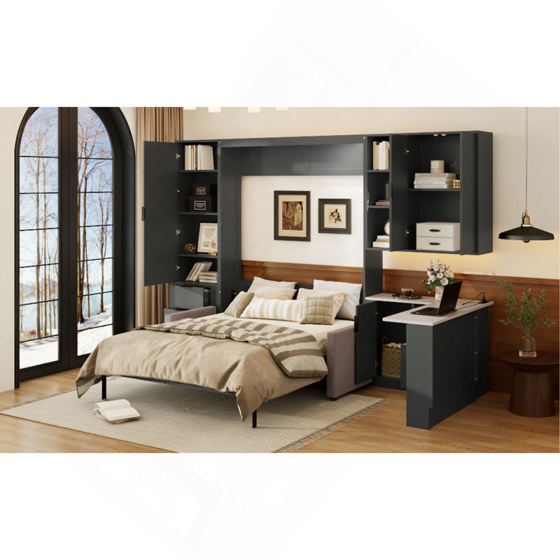 Grand lit escamotable mural avec rangement hydraulique, canapé, tablettes et tiroirs, éclairage DEL / USB, Gris
