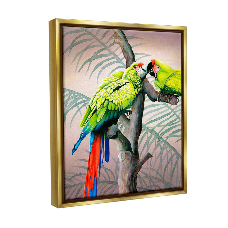 "Perroquets jouant sur une branche" par Christine Reichow sur toile, Cadre flottant métallique doré, H 21 po x l 17 po