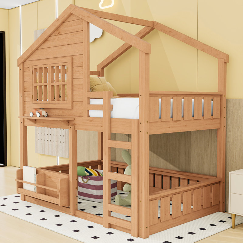 Lit superposé en bois en forme de maison avec fenêtre et tablette, Double sur double, Naturel