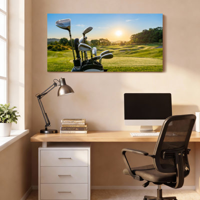 Golf Clubs And Sunset Landscape Canvas Wrapped Wall Art Oil Painting Print Set Of 1