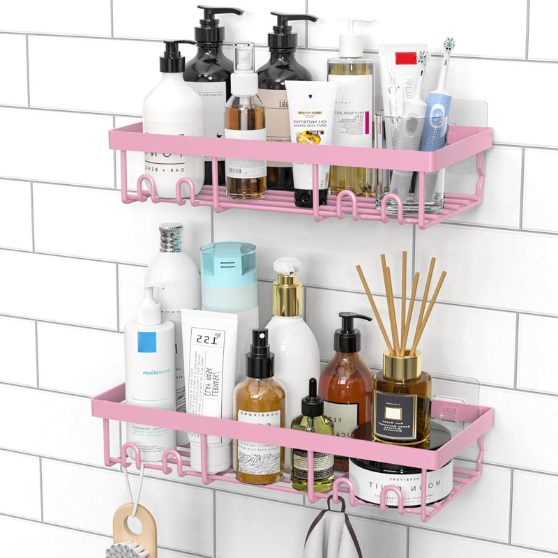 Shower Caddy Shelf Organiser 2 Pack, No Drill Shower Shelves,Self Adhesive Bathroom Storage, Pink