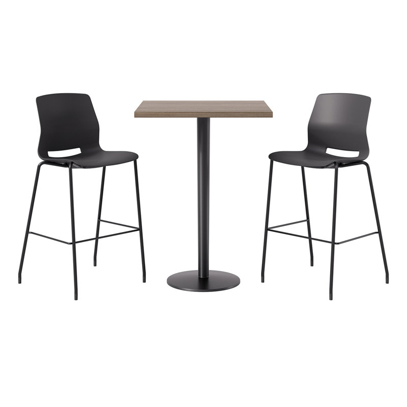 KFI Studios Square 30" x 30" x 41"H Bistro Table Set, 1 Table, 2 Stools, White Table, Grey Shell, Black, Studio Teak