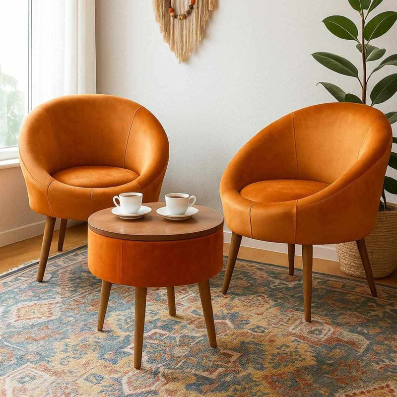 Ensemble de fauteuil à oreilles et table basse (3 pièces), Orange Polyester Blend, Natural Wood