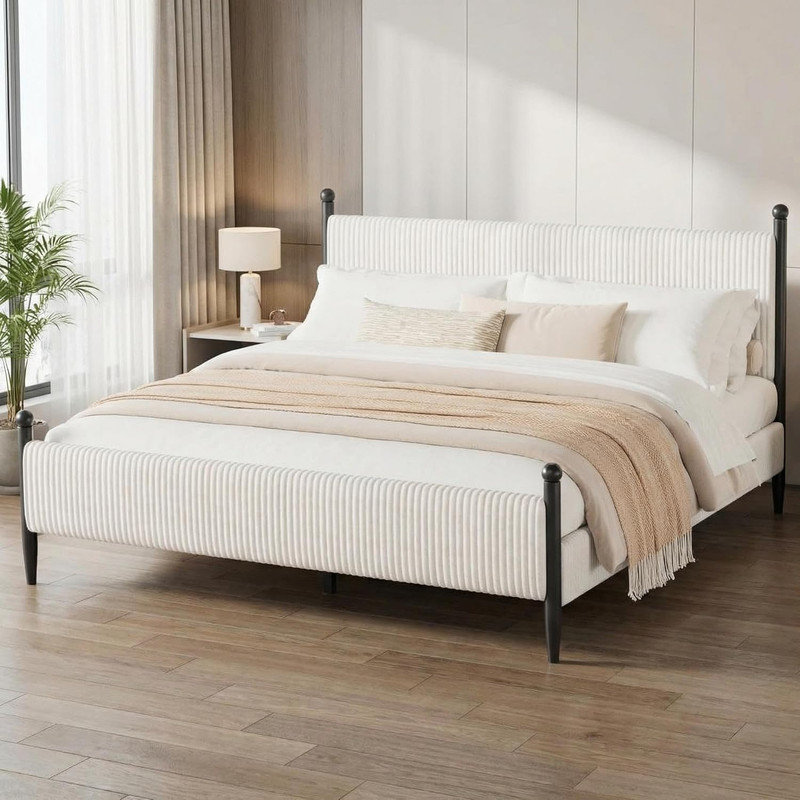 Structure de lit rembourrée avec tête de lit en velours, plateforme en velours côtelé et lattes de bois, aucun sommier nécessaire