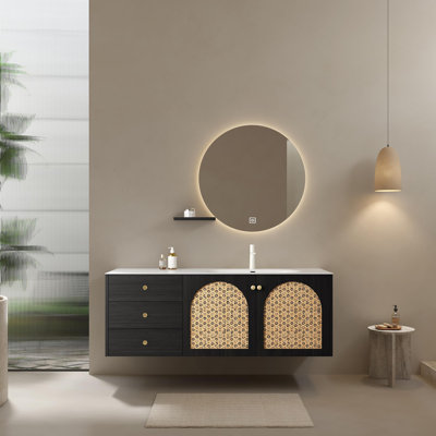 Meuble-lavabo 60 po avec lavabo, meuble de rangement mural en contreplaqué, 3 tiroirs et 2 portes avec lavabo intégré en alliage d'aluminium sans robinet