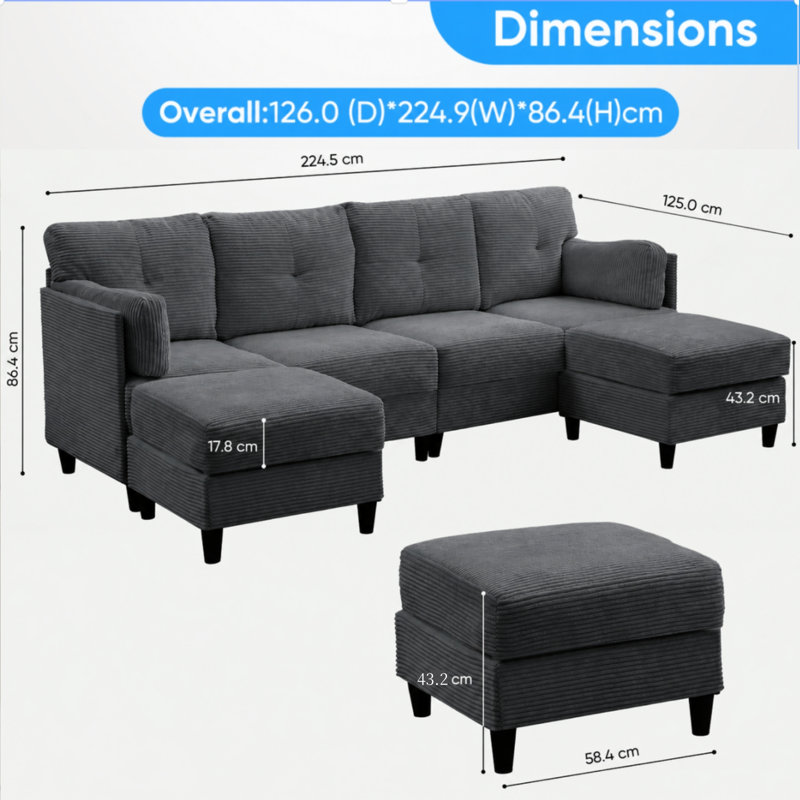 5 Seater Chenille Corner Sofa, Dark gray