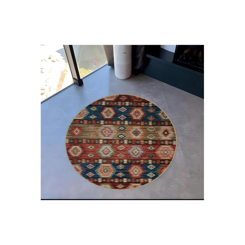 Multicolored Ethnic Motif Traditional Patterned Round Woven Base Vintage Decorative Carpet, Round 4'