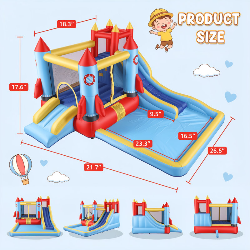 Jeu gonflable 7-en-1 avec double glissade, pataugeoire et mur d'escalade - comprend un ventilateur de 450 W et un sac de transport