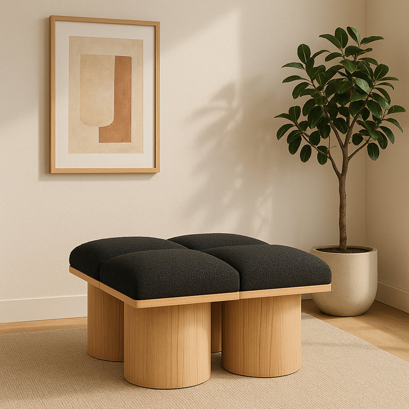 Banc rembourré Horatia, Tissu bouclé noir, Naturel, H 17,5 po x l 31 po x P 36 po