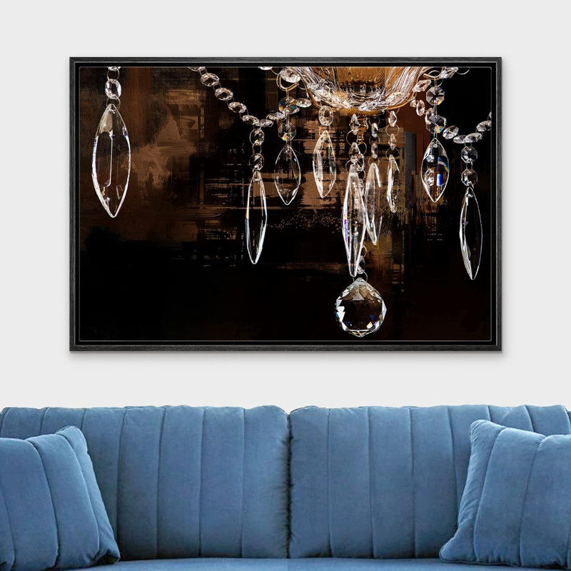 Lustre en cristal sur fond brun foncé, H 16 po x l 24 po x P 1,5 po, Cadre flottant noir