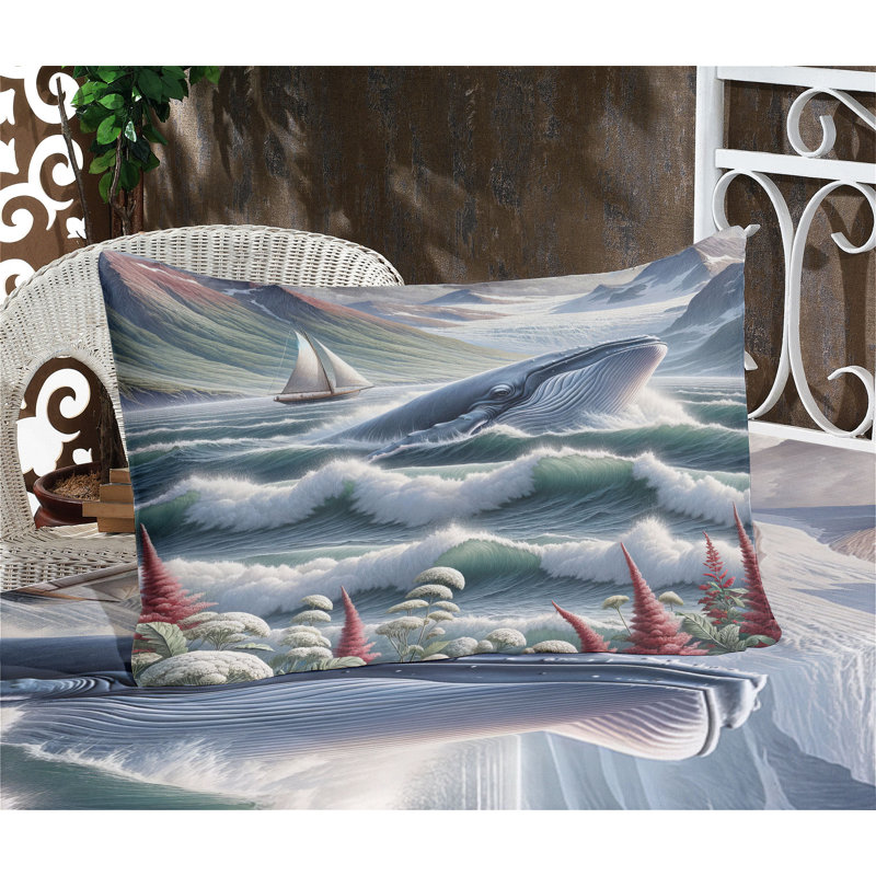 Drap-housse et taie décorative Ambesonne, baleine, montagnes, bateau, bleu-vert et rubis, Grand