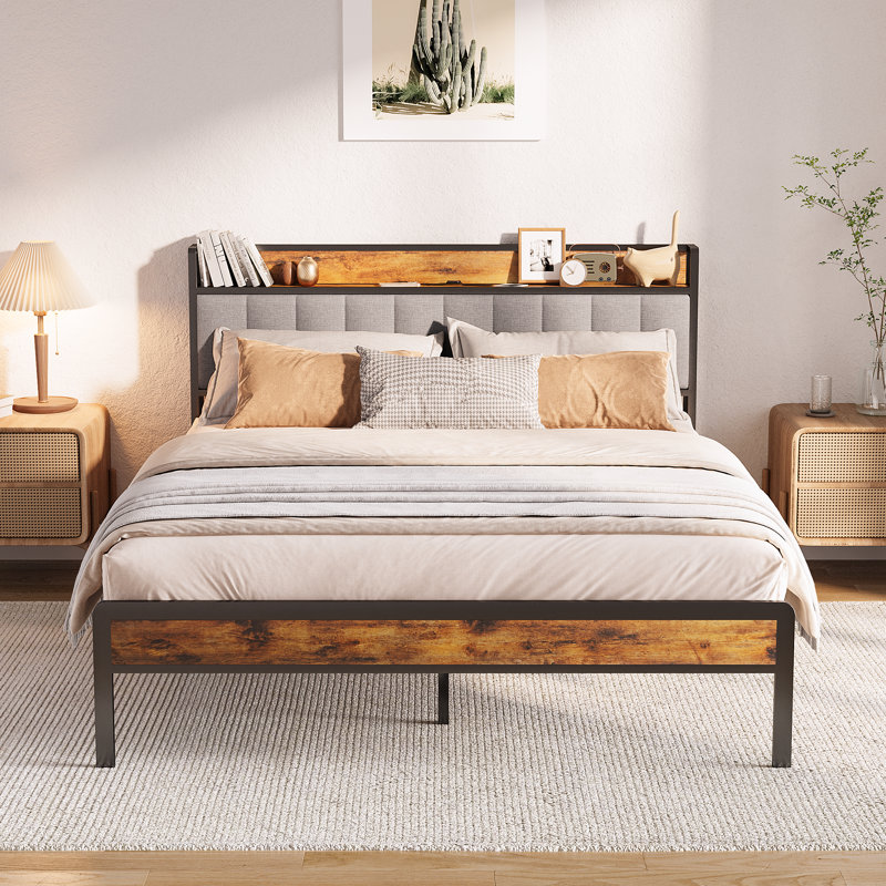 Modern Metal Platform Bed with Linen-Upholstered Storage Headboard & Open Bookcase Shelves – High Leg Design, Full / Double