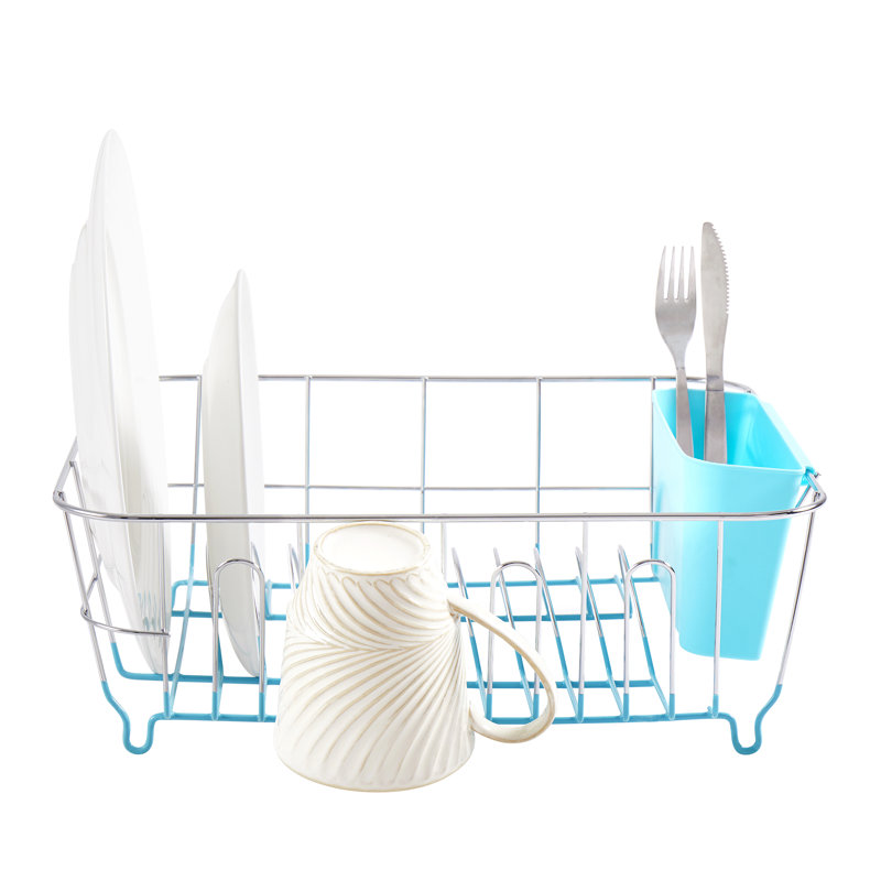 Chrome Plated Steel 2-Piece Compact Dish Drainer with Utensil Caddy, Turquoise