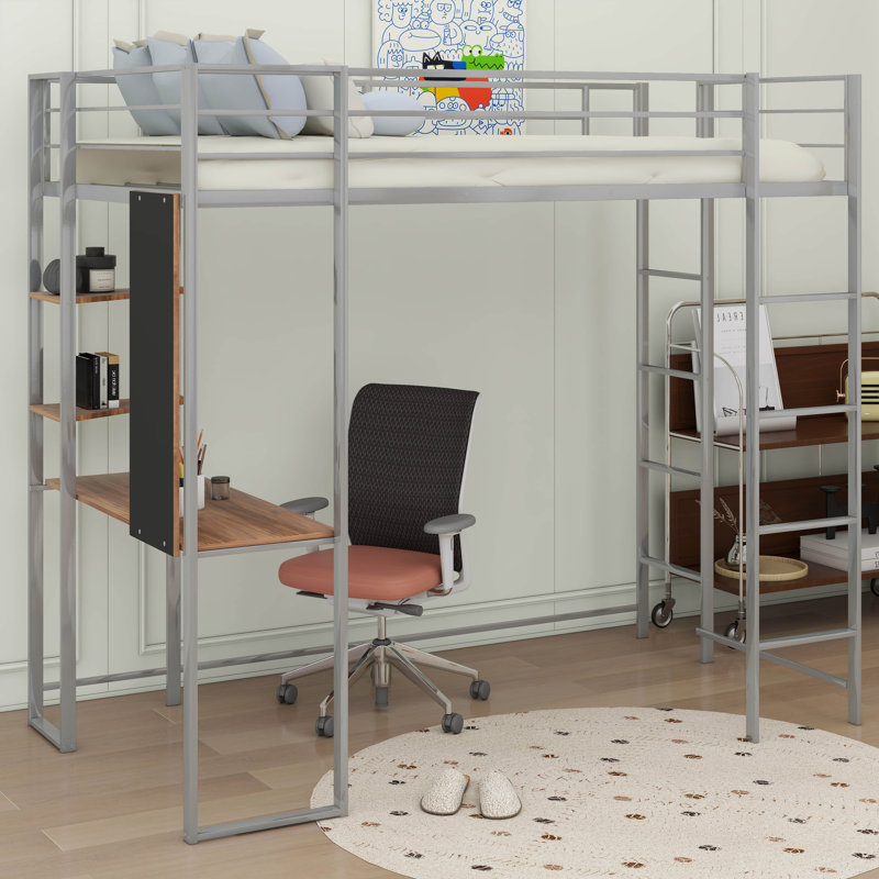  Lit mezzanine simple en métal Alexy avec 2 tablettes et 1 bureau, Argent