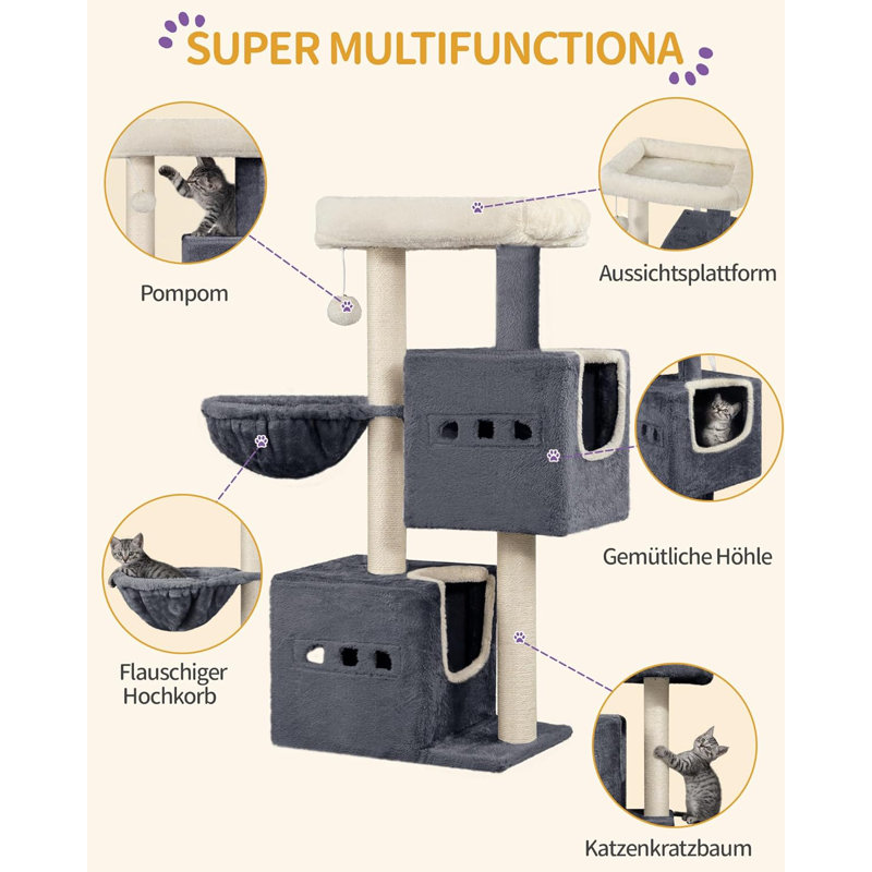 Cat Tree, 98 cm Tower, Sisal Scratching Post, Cats Tower for Indoor, Multi-Level Stable Cat Tree with Cats House, 2 Caves, Pompoms,  Dark Grey, Light Grey
