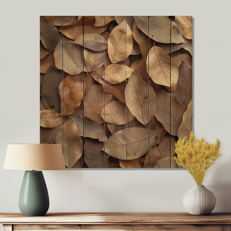 «Brown Sable Leaves III», art mural sur bois de feuilles - sur bois de pin naturel, H 30 po x l 30 po x P 0,78 po