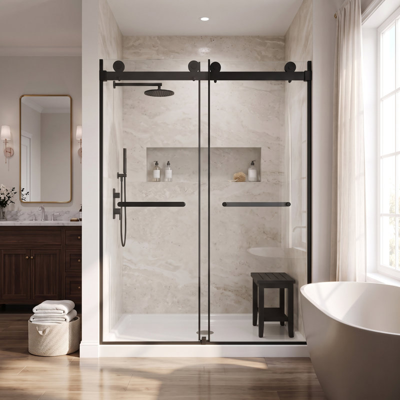 56-60 "W x 74" H Frameless Double Sliding Shower Door，5/16"(8mm) Tempered Glass  with Stainless Steel Handle,Matte Black