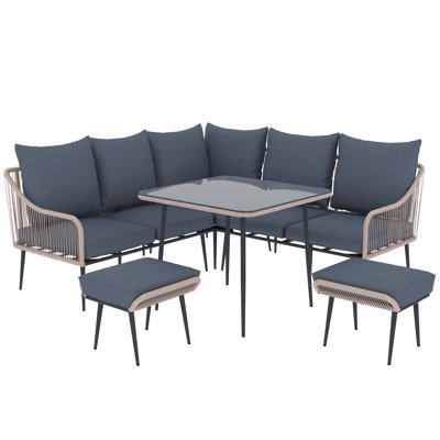 Outsunny 6 Pieces Rattan Garden Furniture Set with Corner Sofa Light Brown
