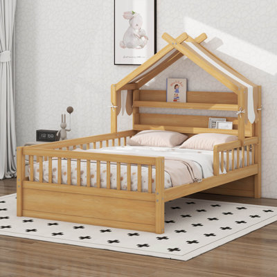 Lit maison avec tablette de tête de lit et auvent amovible, cadre de lit plateforme en bois avec garde-corps