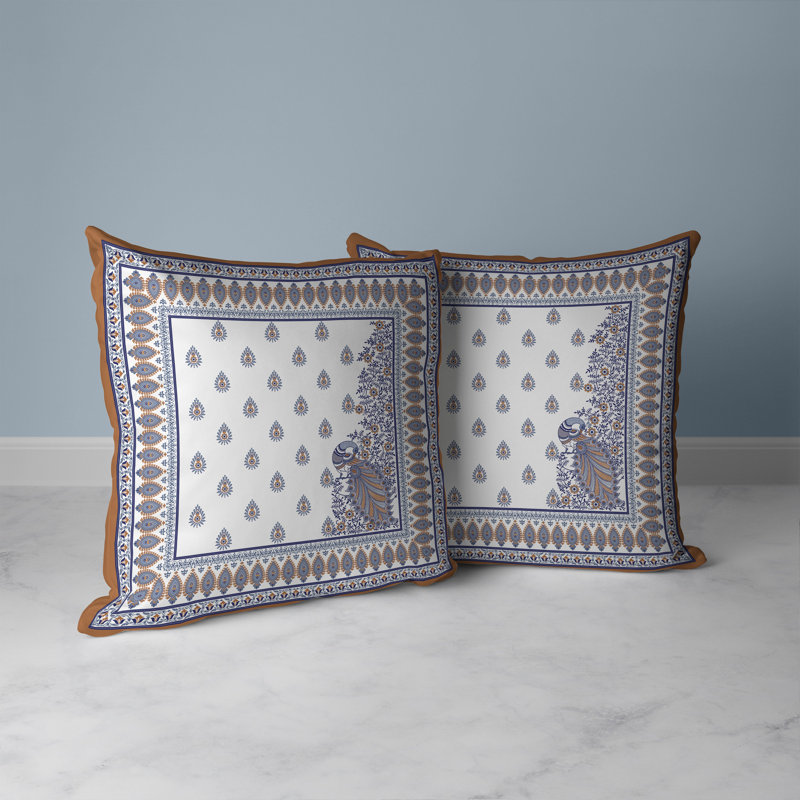 Coussin Indian Gardenia, Bleu / Orange, H 26 po x l 26 po