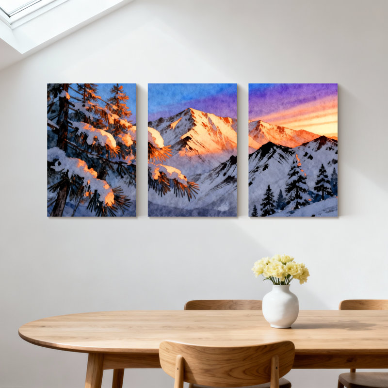 Hiver, forêt, montagnes enneigées, coucher de soleil, arbres de pin, ensemble de 3 impressions sur toile, H 18 po x l 36 po