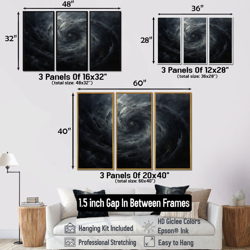 «Black Hole Quiet Quasar», ensemble d'art mural sur toile à spirales abstraites, H 28 po x l 36 po x P 1 po