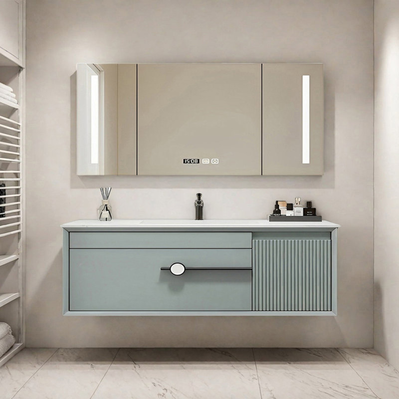 Light luxury style rock plate bathroom cabinet, Beige,  63" 