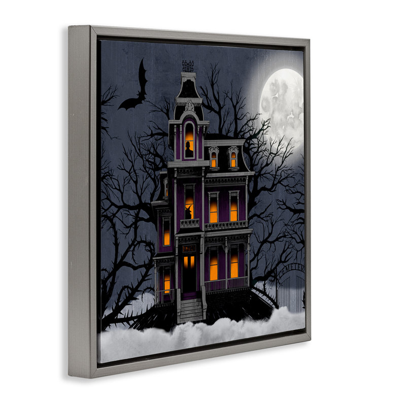 Maison d'Halloween effrayante et hantée, Cadre flottant gris lustré, H 18 po x l 18 po