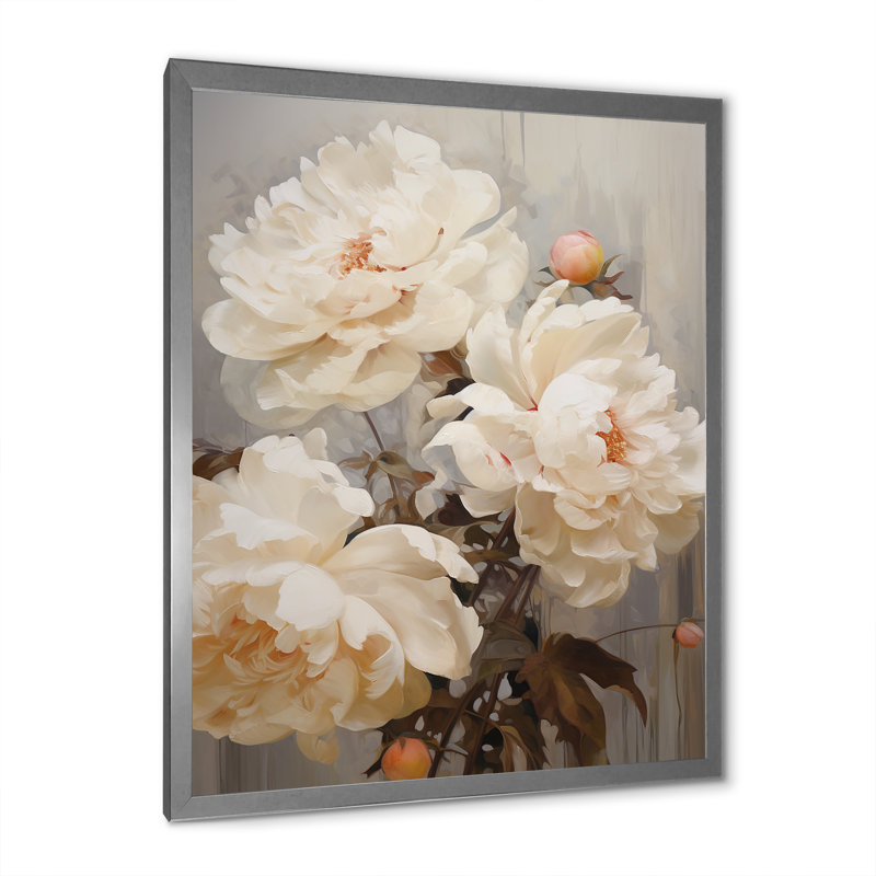 Pivoine parfumée beige IV sur toile, H 40 po x l 30 po x P 1,5 po, Cadre photo argenté