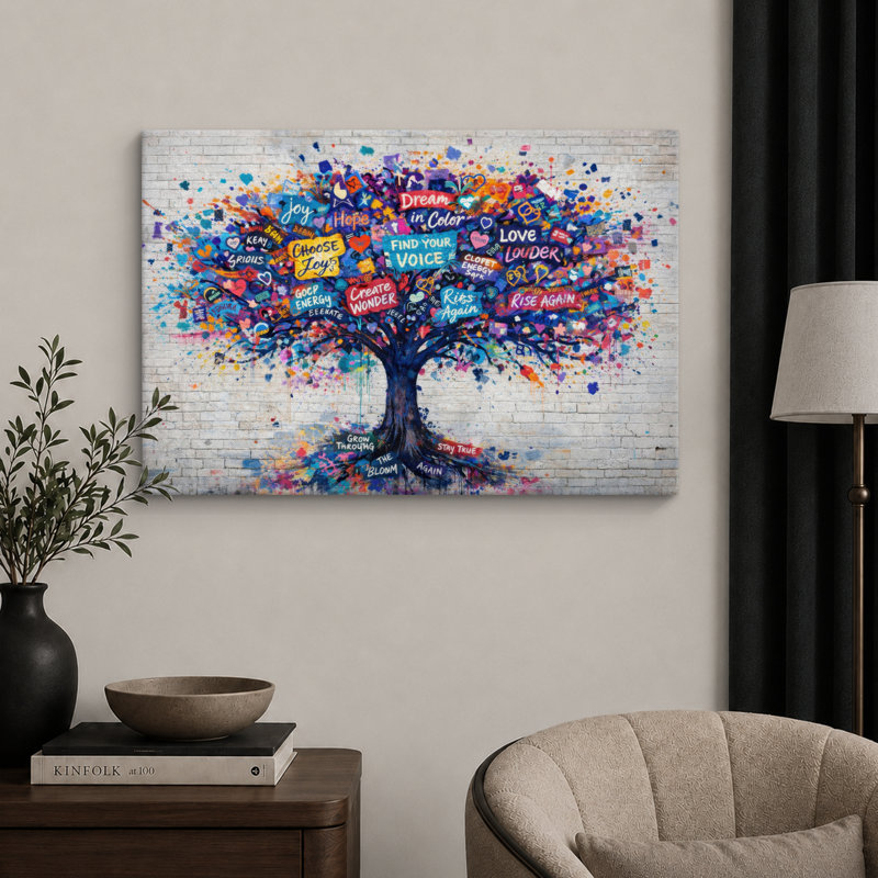 «Vibrant Dream Tree Graffiti», reproduction d'art sur toile encadrée, impression sur toile, H 32 po x l 48 po x P 1,5 po