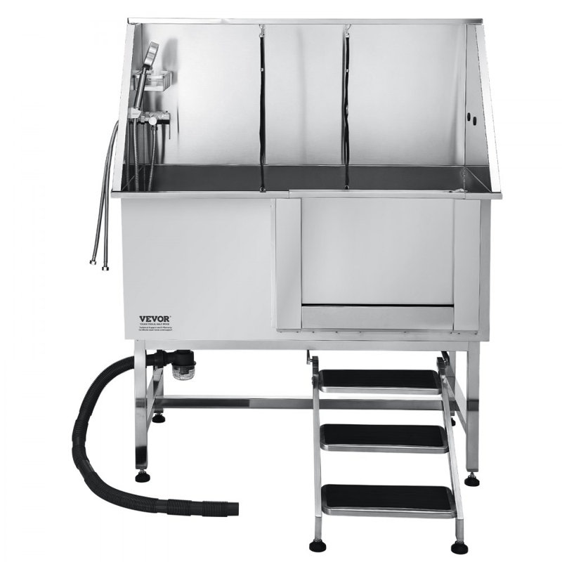 Dog Grooming Bath Tub Stainless Steel w Stairs Water Filter, 60.8"H x 50"W x 27.56"D