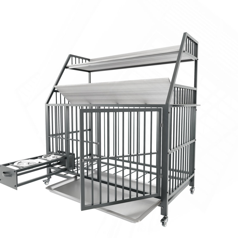 Grande cage pour animaux de compagnie avec support de rangement, tiroirs avec bacs à nourriture et à eau en acier inoxydable, support de rangement à double couche en cadre de fer et matériau en bois aggloméré, robuste, exquis et pratique (noir + gris fumée)