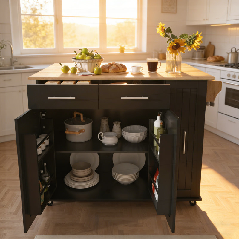 Îlot de cuisine polyvalent avec abattant, organisateur coulissant à 3 niveaux, tablettes réglables, roulettes et grand espace de rangement pour les cuisines modernes.