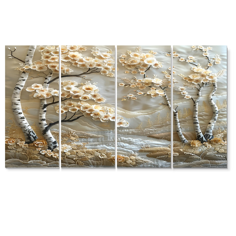 «Blossoming Birch Trees Quiet Silver River», art mural sur toile 4 pièces, H 32 po x l 64 po