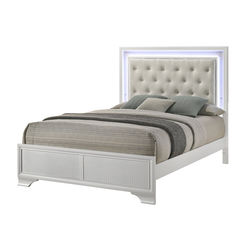 Très grand lit moderne, tête de lit tapissier avec lumières DEL et finition texturée blanc avoine