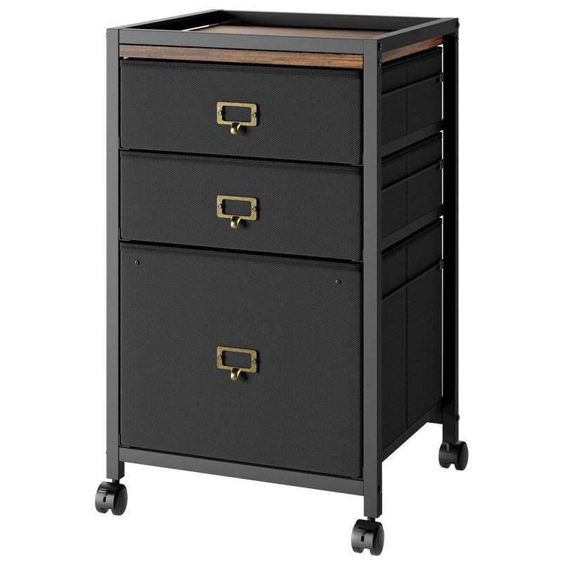 Rustic Black 3-Drawer Mobile Filing Cabinet, Compact 26.3-Inch Rolling Under-Desk Storage for Letter/A4 Files, Perfect for Home Office