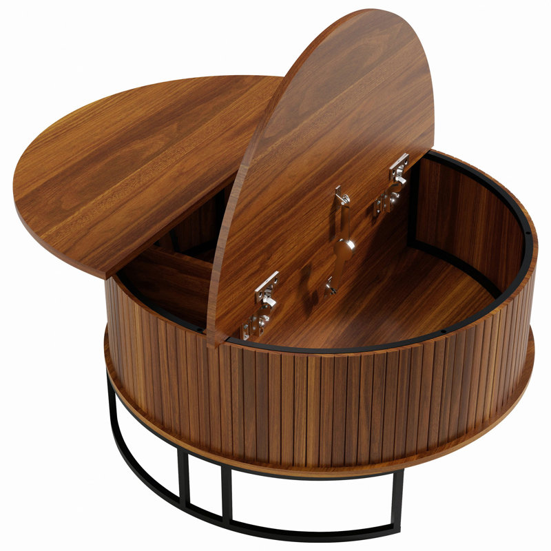 Table basse ronde de 31,5 po avec rangement, table centrale à plateau relevable cannelé, table courbée moderne à bascule pour salon