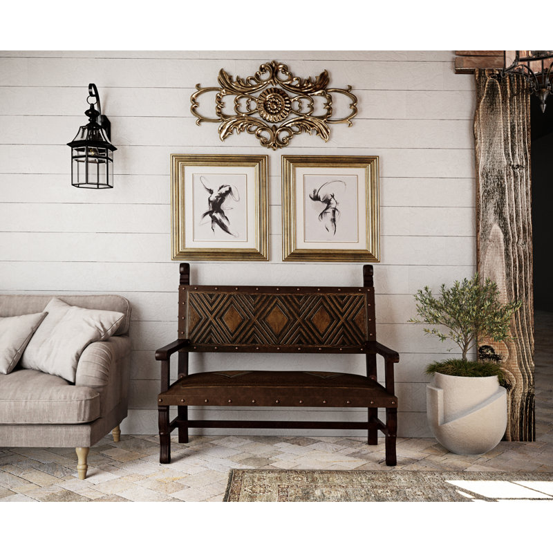 Tylersburg Genuine Leather Upholstered Bench, Antique Brown/Geometric, 43" H x 50" W x 24" D