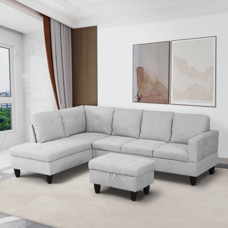Halid Wide Sofa & Chaise with Ottoman, Left Hand Facing, White Velvet