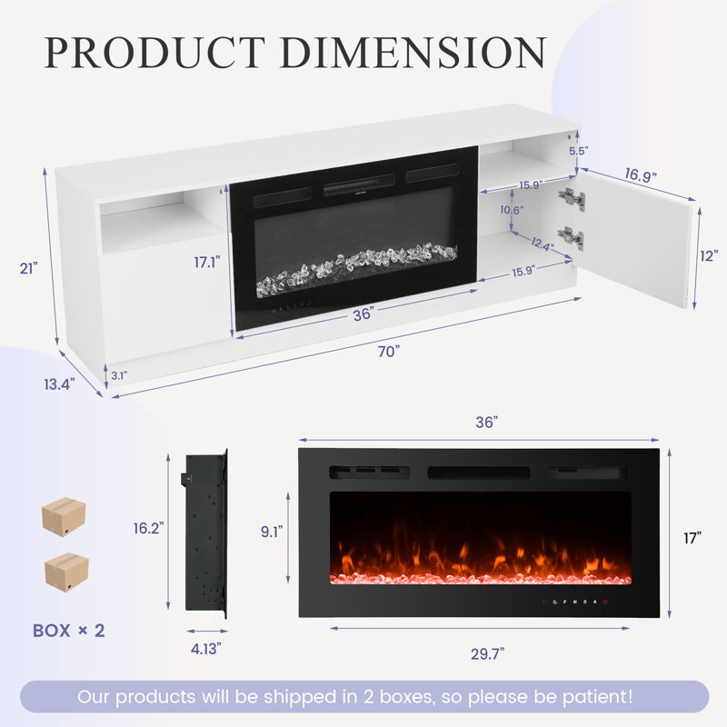 70'' TV Stand With Electric Fireplace Included, Black, White