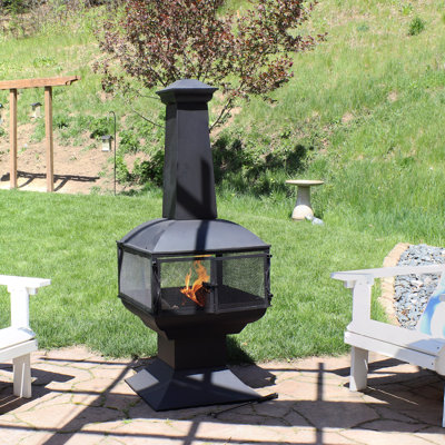 Fairburn 57" 360-Degree View Steel Wood-Burning Chiminea with Grate, Poker, and Cover
