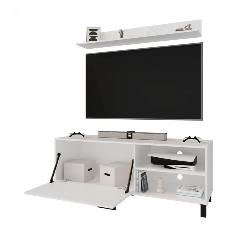 Bitter Springs 65 Inch TV Stand With Open Storage, Pneumatic Arms, And 1 Door In Durable Melamine Finish