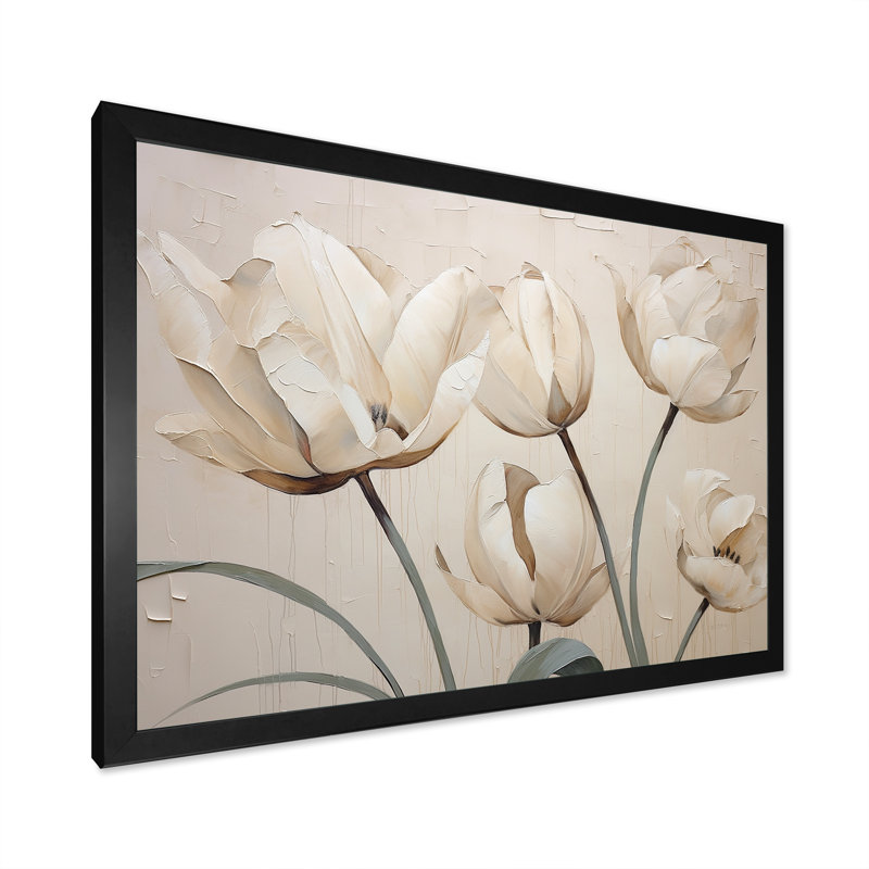 Minimalisme, tulipes blanches symphonie II sur toile, H 12 po x l 20 po x P 1 po, Cadre simple noir