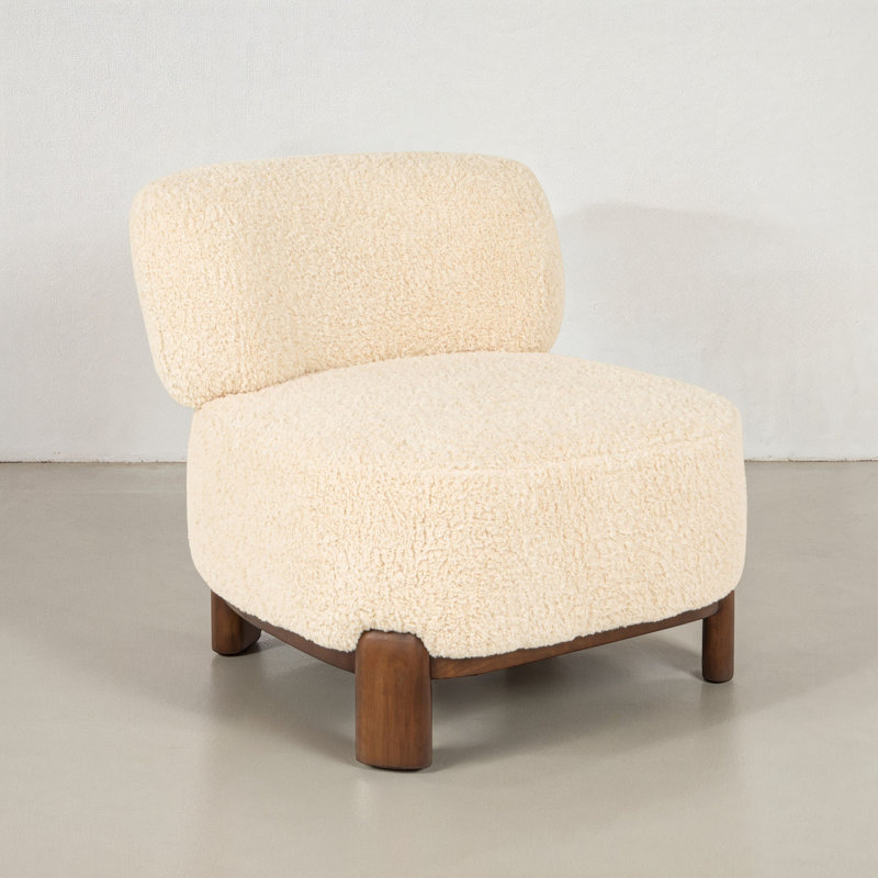 Boucle Accent Chair With Wood Base And Textured Upholstery