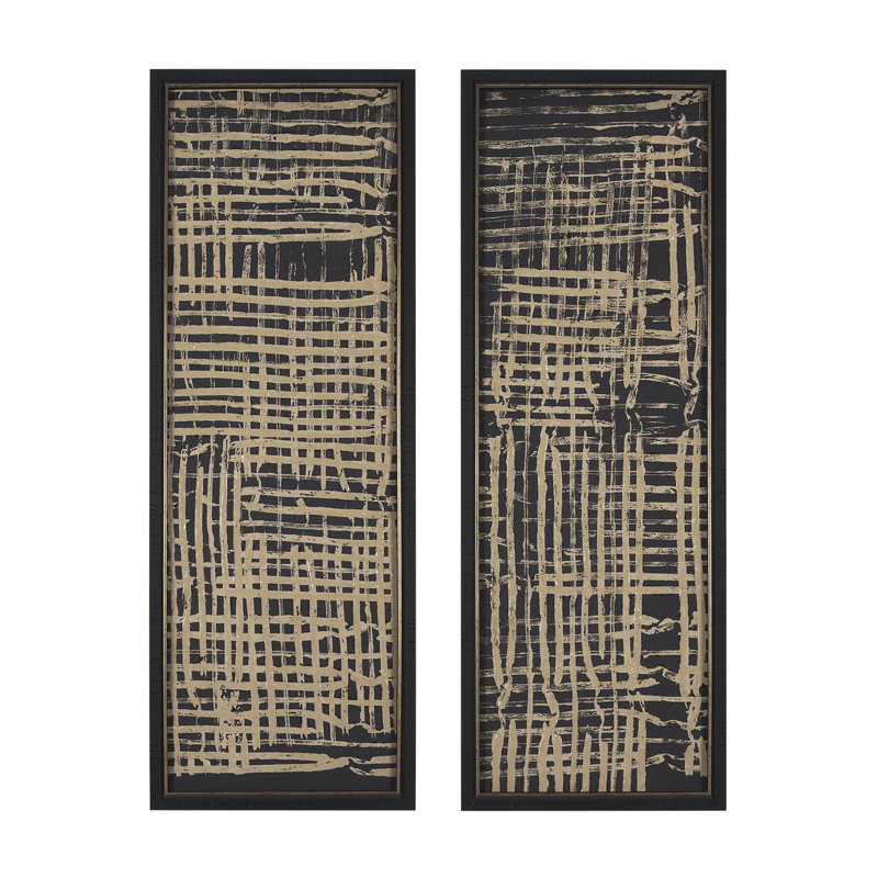 «Woven Lines Tan a Hand», reproduction d'art encadrée texturée, H 61,5 po x l 45 po, Lignes tissées brun clair, Noir